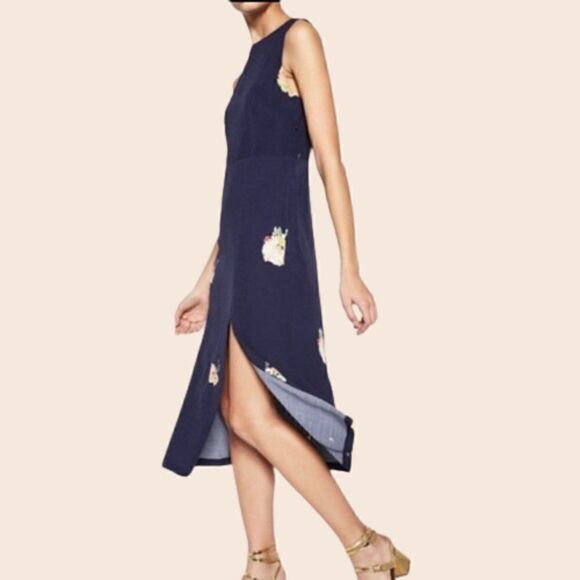 Zara Trafaluc Collection Navy Floral Thigh Split Shift Dress in Navy Size Small - Picture 3 of 16